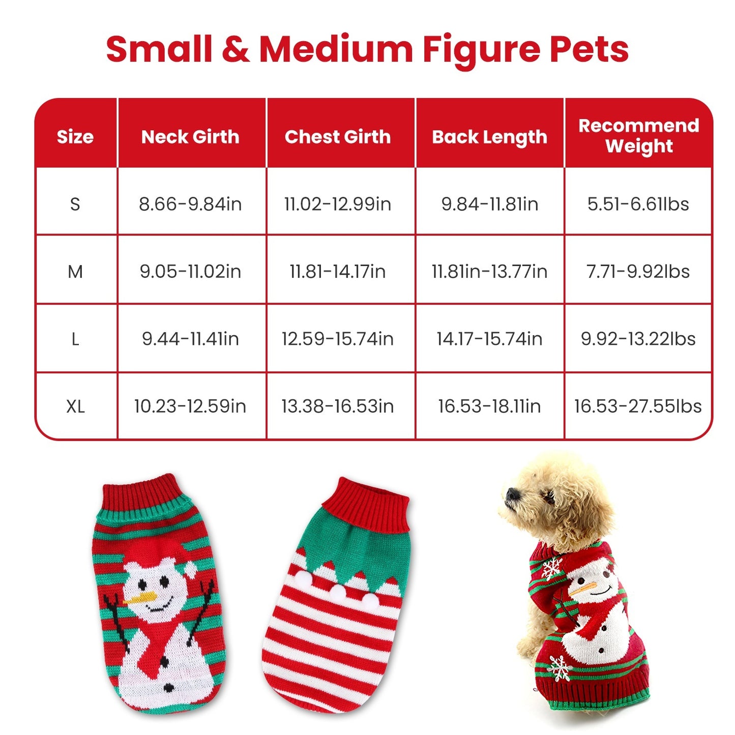 Pet Christmas Turtleneck Sweater for Small Dogs & Cats - Snowman & Stripe Patterns (4 Sizes)